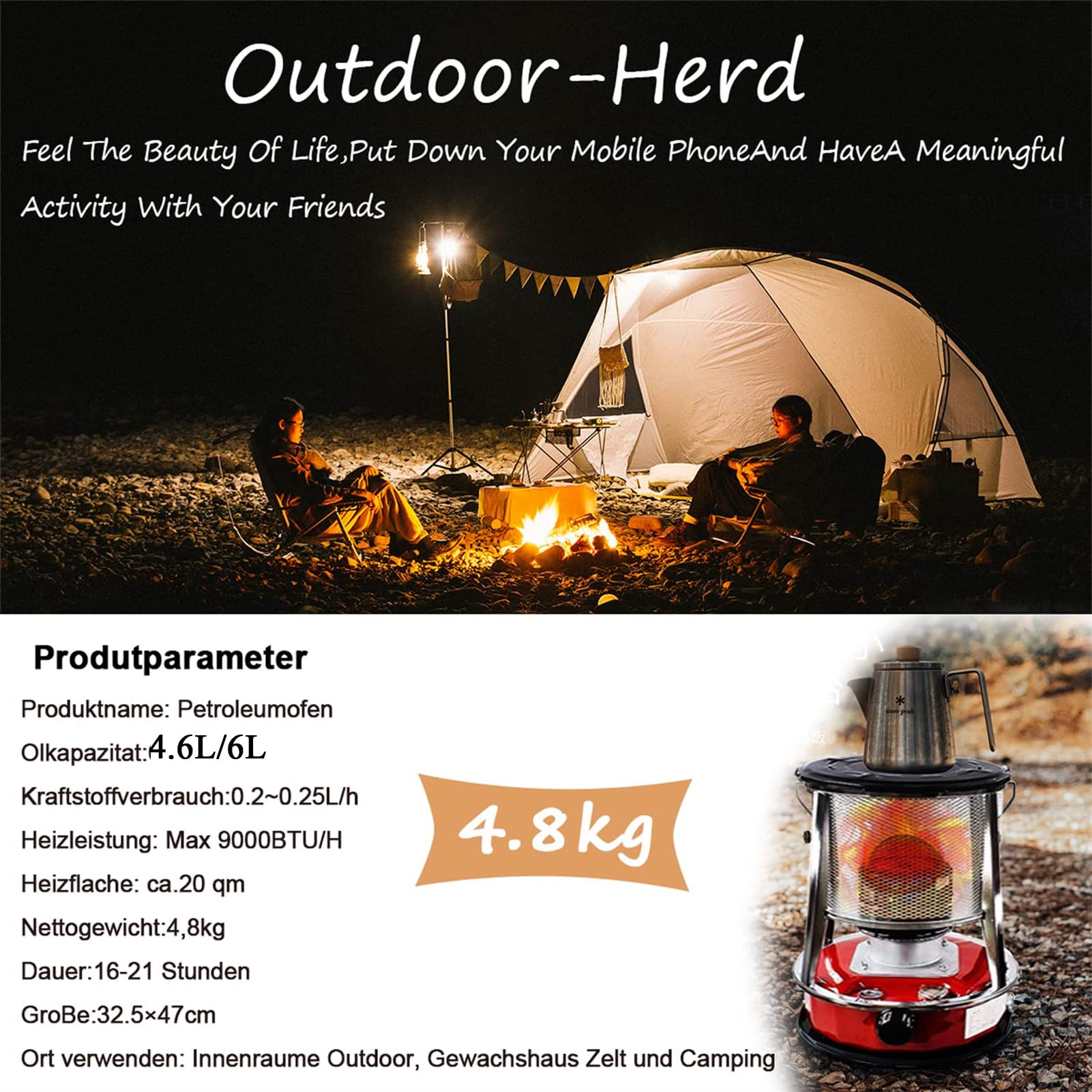 Petroleumofen für Innenräume Ohne Strom mit 3 Docht, Große Petroleum Heizung Heizer mit Umfallschutz, Tragbarer Effizienter für Innen Outdoor Camping Barbecue Blackout ausrüstung,Red-6L