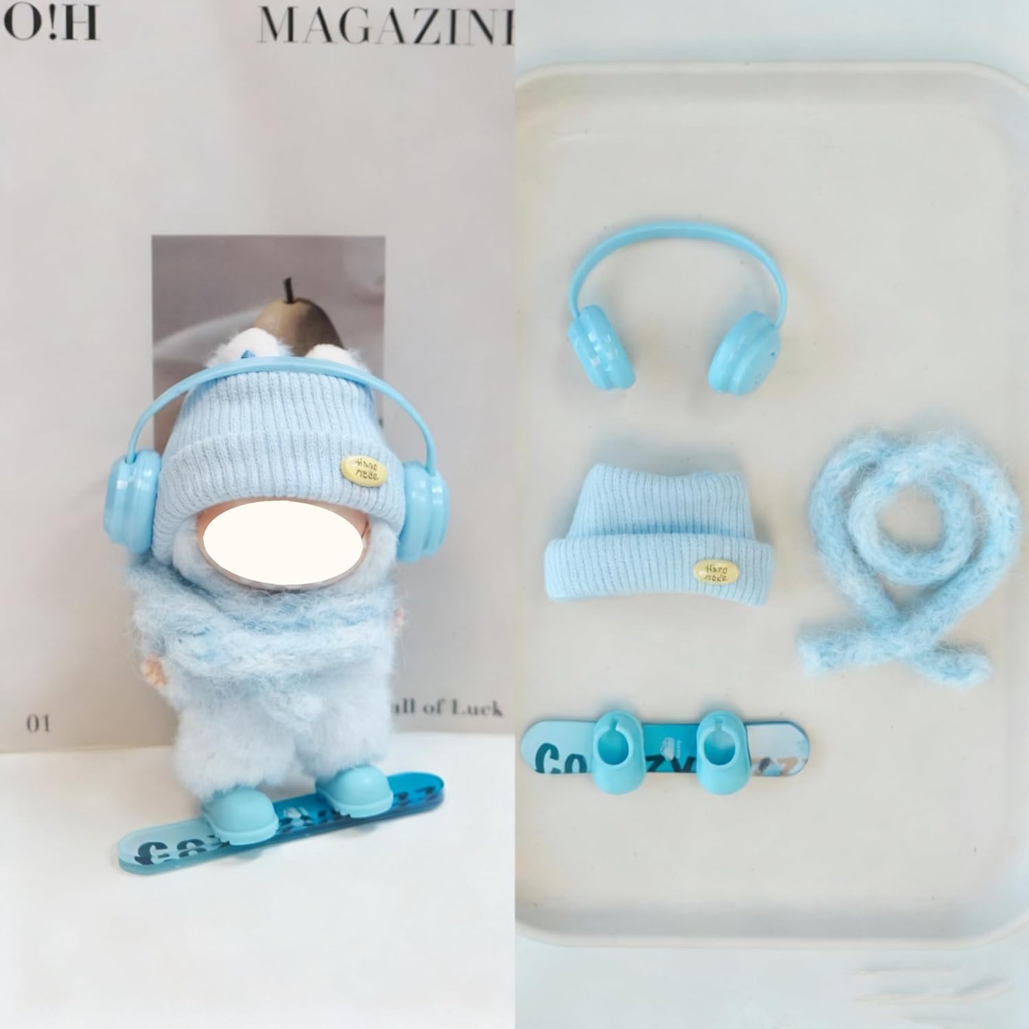 Clothes for 10cm Doll, 4 pcs Set 4.0 LBB Doll's Outfits Luxury Glasses Crochet Hats Glasses Bag Shoes Accessories Stylish Adorable Small Clothes (No Doll) (Skiing Blue)