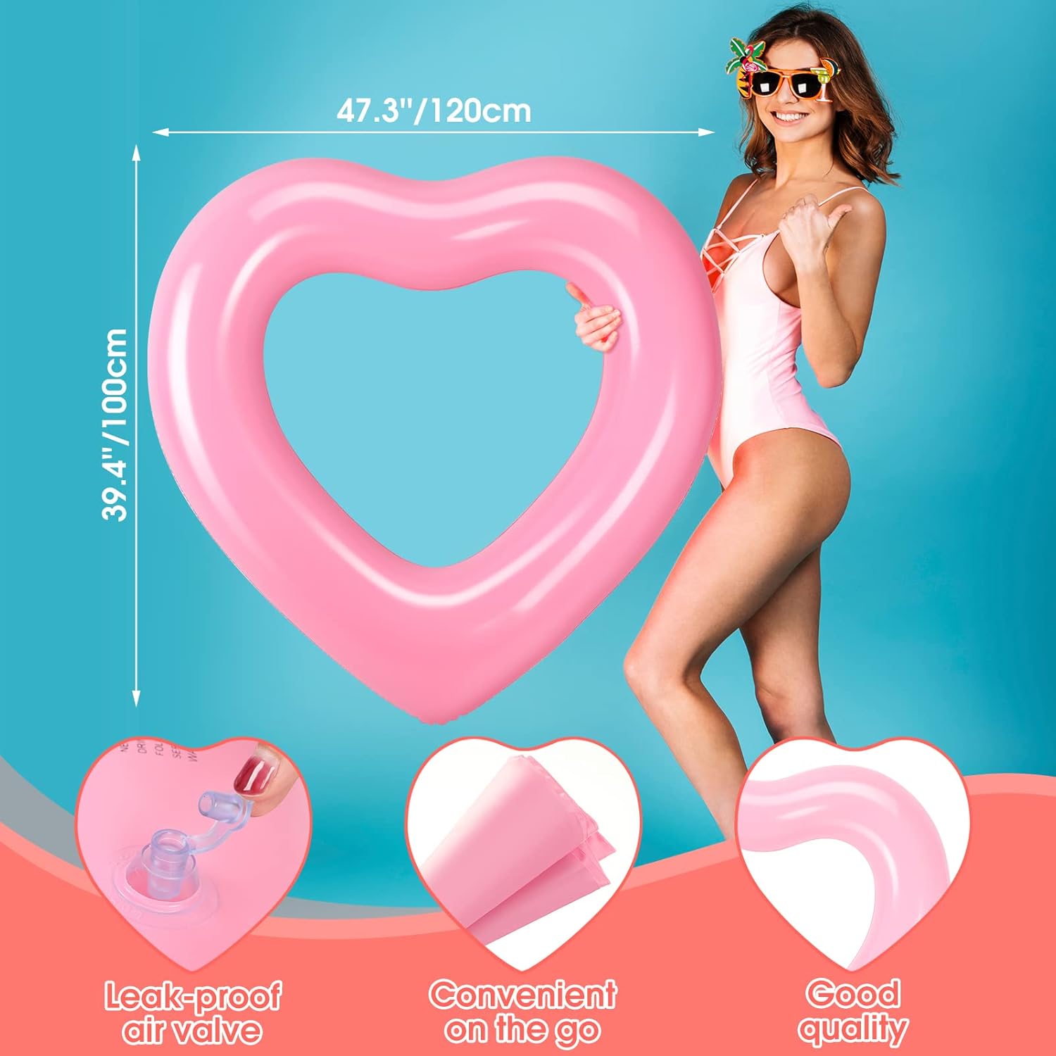 Zhanmai 3 Pcs Inflatable Heart Pool Float 47.3 x 39.4 Inch Swim Heart Shaped Pool Rings for Adults Water Floatie Summer Swimming Tube for Beach Bachelorette Part