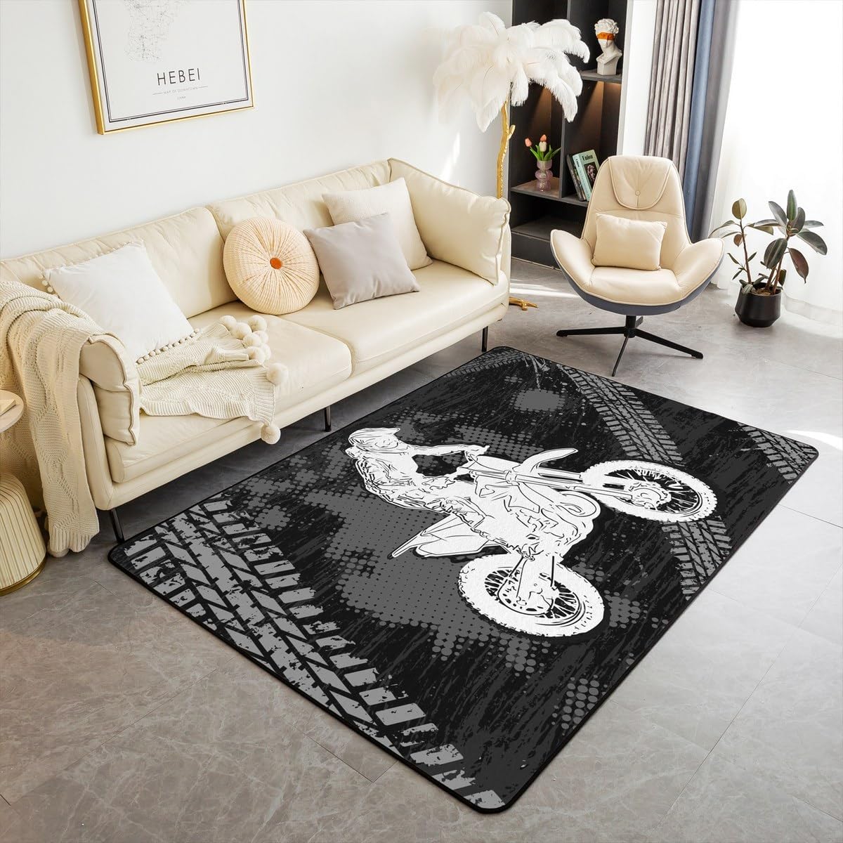 Racing Car Decorative Rug 5x6'6'',Motocross Motorcycle Indoor Floor Mat for Playroom Bedside Sofa Bedroom,Extreme Sport Dirt Bike Non Shedding Rug for Kids Teen Boys Girls