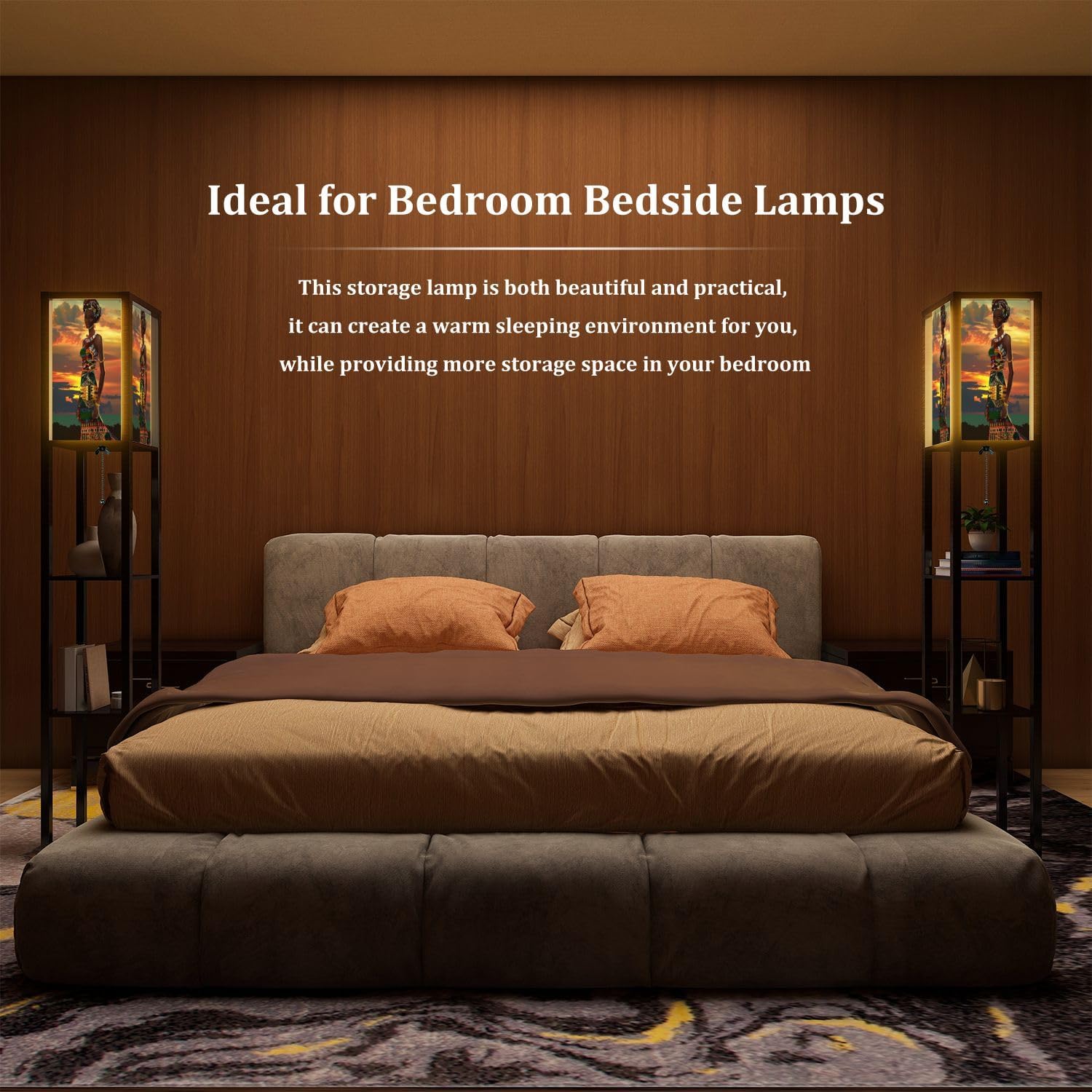 Standing Lamp with Shelves Tall Intricate African Dress Sunset Illustration Vertical Art Modern Wood Corner Lamp for Bedroom Living Room Office Floor Lamp Mid Century Room Decor