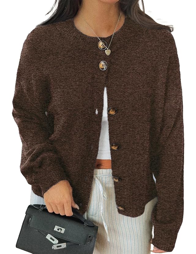 Womens Chunky Button Cardigan Trendy Crewneck Long Sleeve Knit Jackets Warm Solid Color Sweaters