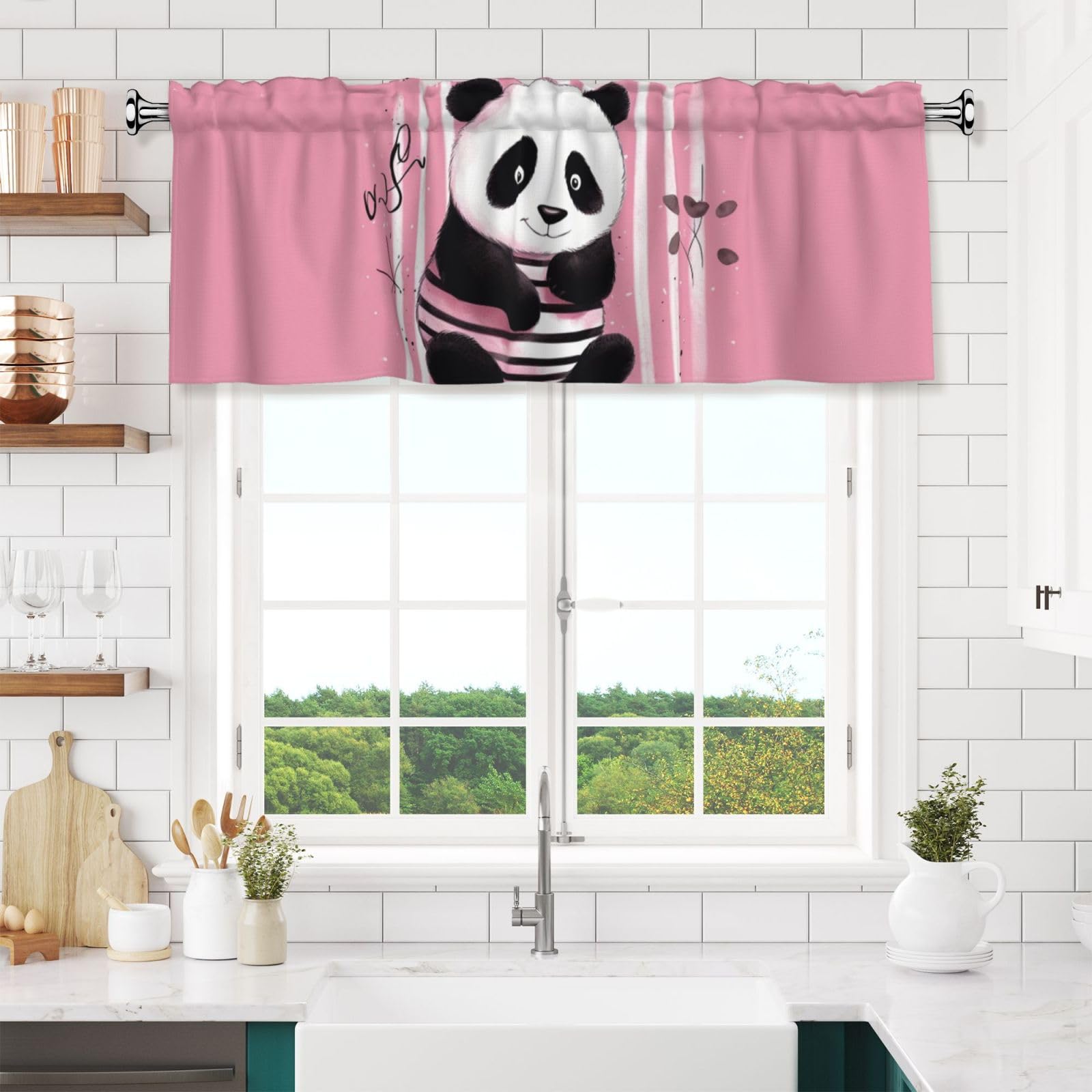 NONHAI Striped Panda Valances for Windows Short Curtains Rod Pocket Cafe Window Treatments Valance Curtains for Kitchen Bathroom Laundry Basement Windows 54x18inch Blackout Window Valance