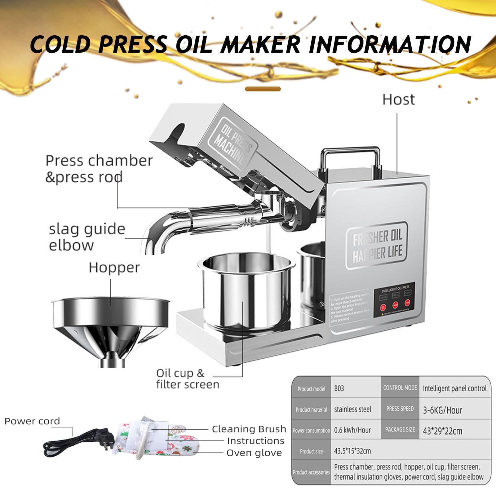 Máquina extractora de aceite, prensa automática en frío y caliente, acero inoxidable, 820 W para extraer maní, sésamo, coco, soja y nueces, fabricante de aceite versátil