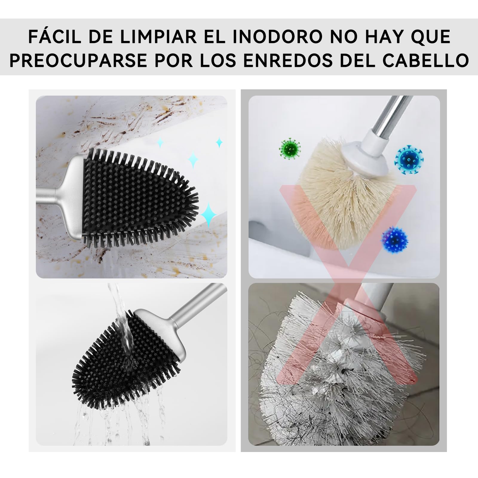 Fowooyeen Escobillas de Baño, Escobilla WC Silicona, Cepillo Toilet Plana de Mango Largo, Cepillo de Limpieza WC Curvo de Pie/Montado en la Pared - Plata Mate