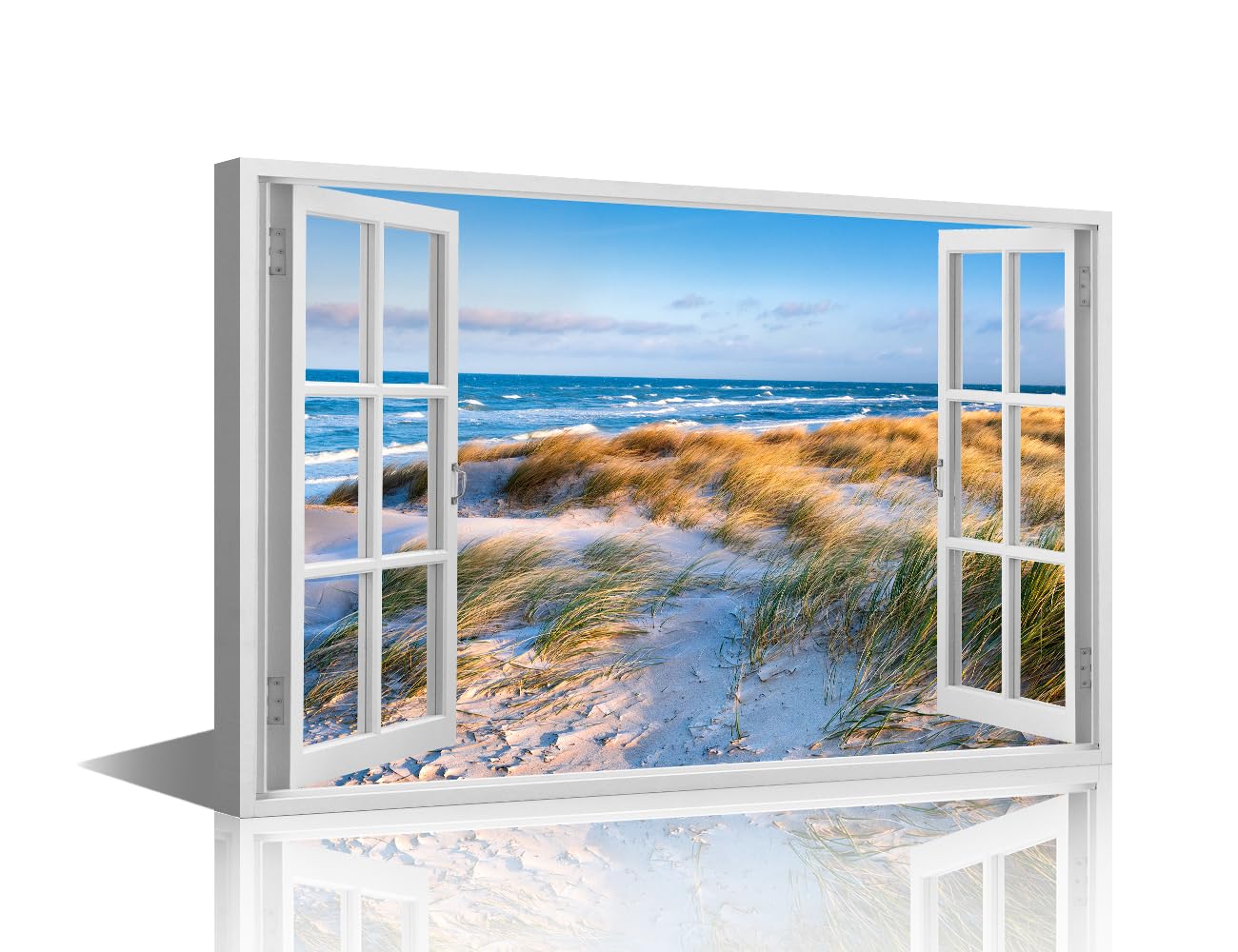 TISHIRON Coastal Wall Art for Bedroom 3D Window Effect Canvas Painting Beach Large Wall Art for Living Room Seascape Contemporary Home Decor 1 Panels Stretched on Wooden Frame, 36x24in