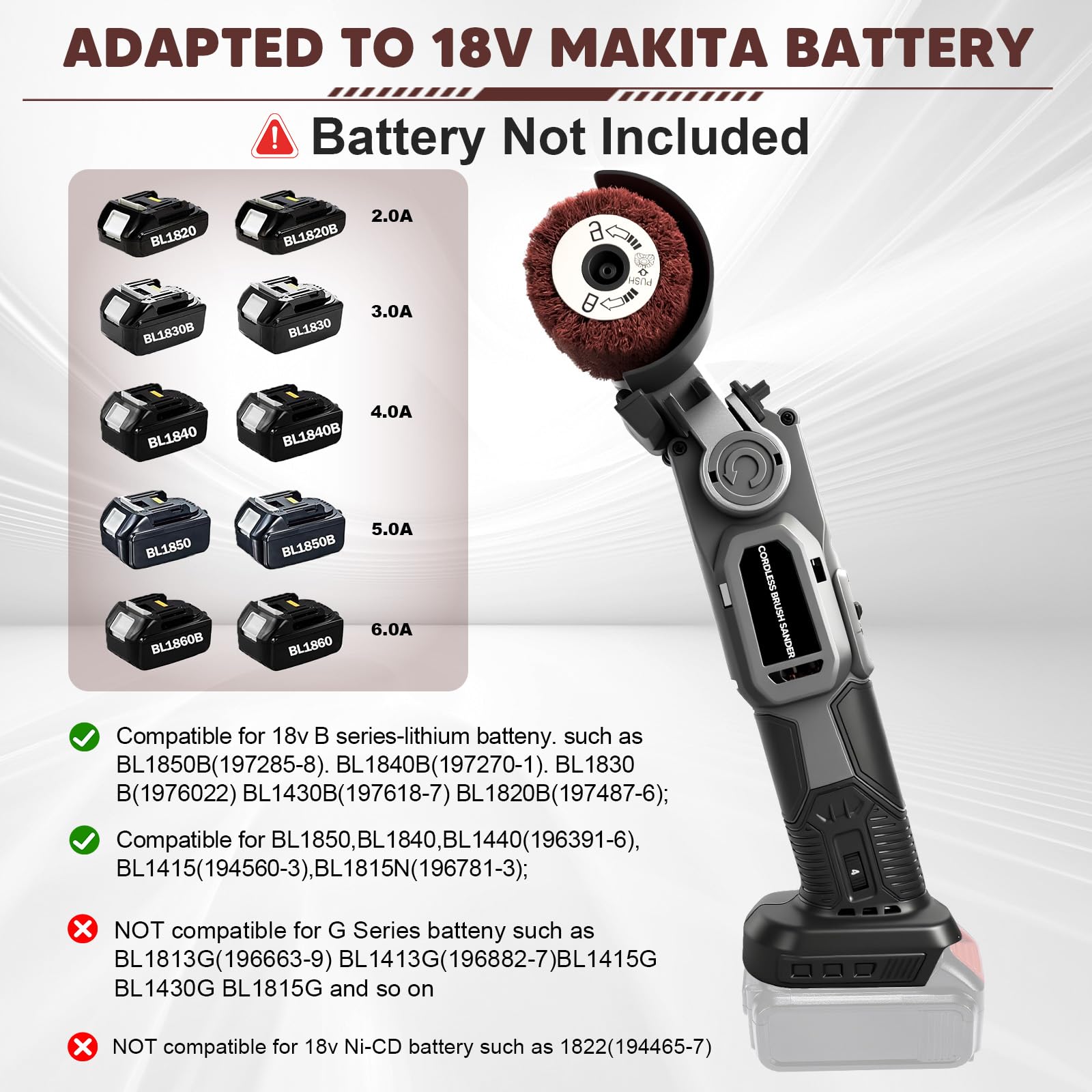 Satiniermaschine Schleifmaschine Bürstenschleif Bandschleifer Für Makita 18V Batterien, 60mm Bürstenkopf, 4000 U/min, 6 Geschwindigkeitsstufen, Verstellbar 0-45°, Metall Holzoberflächenbearbei