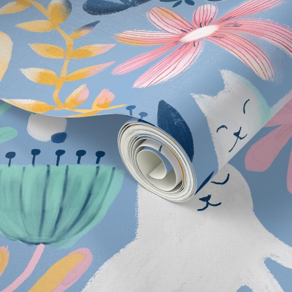 Peel & Stick Wallpaper 3ft x 2ft - Spring Cats Floral Cat Summer Custom Removable Wallpaper by Spoonflower
