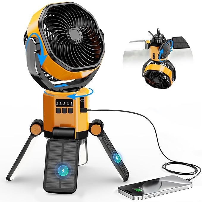 Solar Camping Fan Rechargeable,6000 mAh Battery Powered Automatic Oscillating Tent Fans