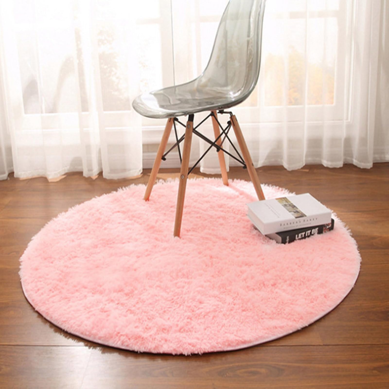 HARESLE Round Rugs for Living Room-Non-shedding Non-slip Washable Rug for Bedroom Children's Room Round Carpet (Pink,Diam 90cm/35.4in/2.95ft)