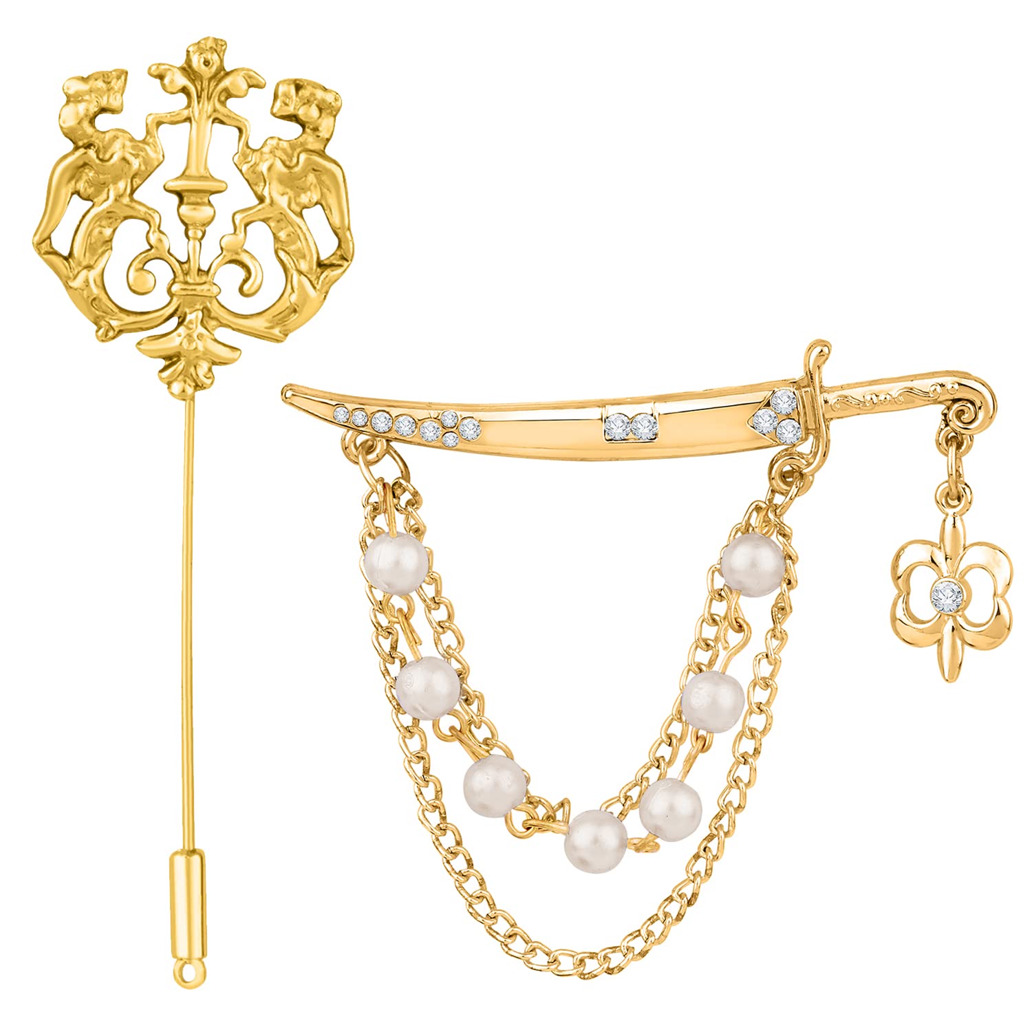 Mahi Combo of Sword and Royal Lion Shaped Layered Chain Wedding Brooch/Lapel Pin with White Crystals, Artificial Pearls for Men (CO1105504G) (B0BKT4FBST) Amazon Price History, Amazon Price Tracker