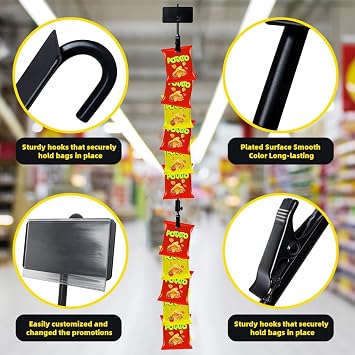 Dafftos Hanging Merchandise Strips with Hooks Chip Display Rack Stands Potato Bag Holder 12 Clips for Retail 32 inches Displaying Black Label Headers Card Snacks Metal 4 Pack