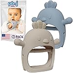 PBnJ Baby, Silicone Teether Glove, Baby Toys 0-6 Months, Mittens for Infants use as Teething Pacifier, Teething Toys 3-6 Months, Teethers for Babies 6-12 Mon, 6 Mo Old Must Haves - 2 Pack Beige/Blue