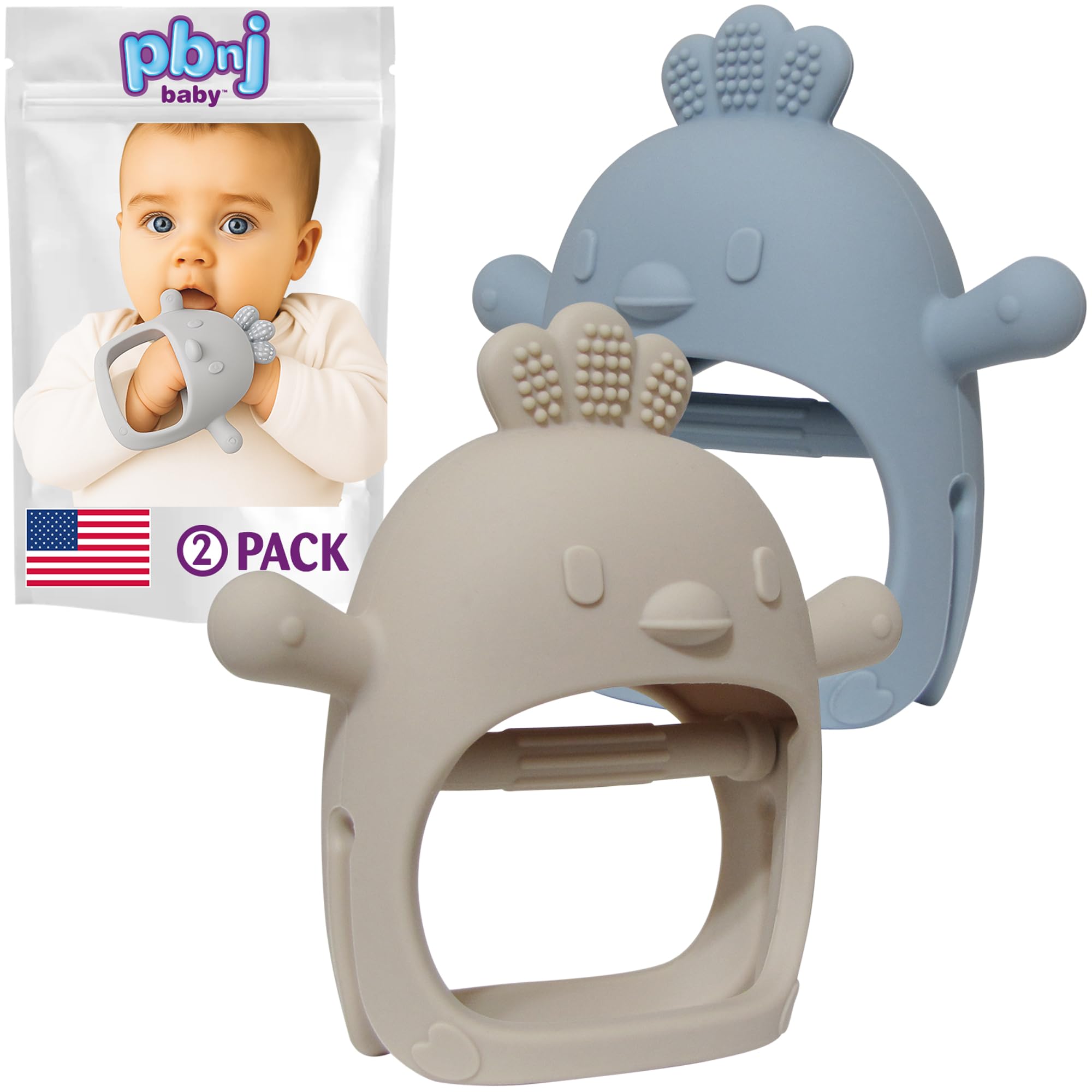 PBnJ Baby, Silicone Teether Glove, Baby Toys 0-6 Months, Mittens for Infants use as Teething Pacifier, Teething Toys 3-6 Months, Teethers for Babies 6-12 Mon, 6 Mo Old Must Haves - 2 Pack Beige/Blue