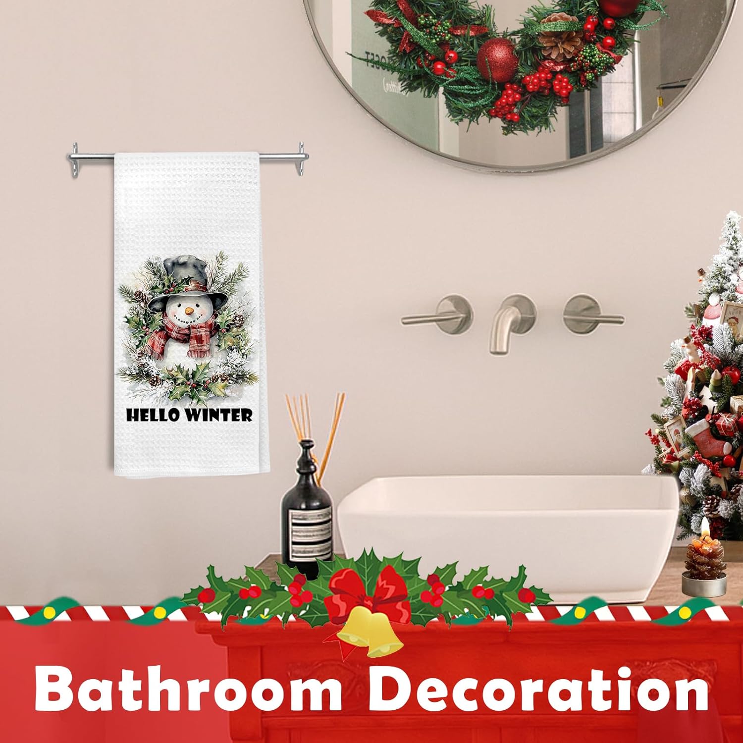 Christmas Winter Snowman Kitchen Dish Towels, Christmas Holly Pine Leaf Holiday Snowman Winter Hand Tea Towels for Kitchen Bathroom Decor, 16x24 Inch - Image 4