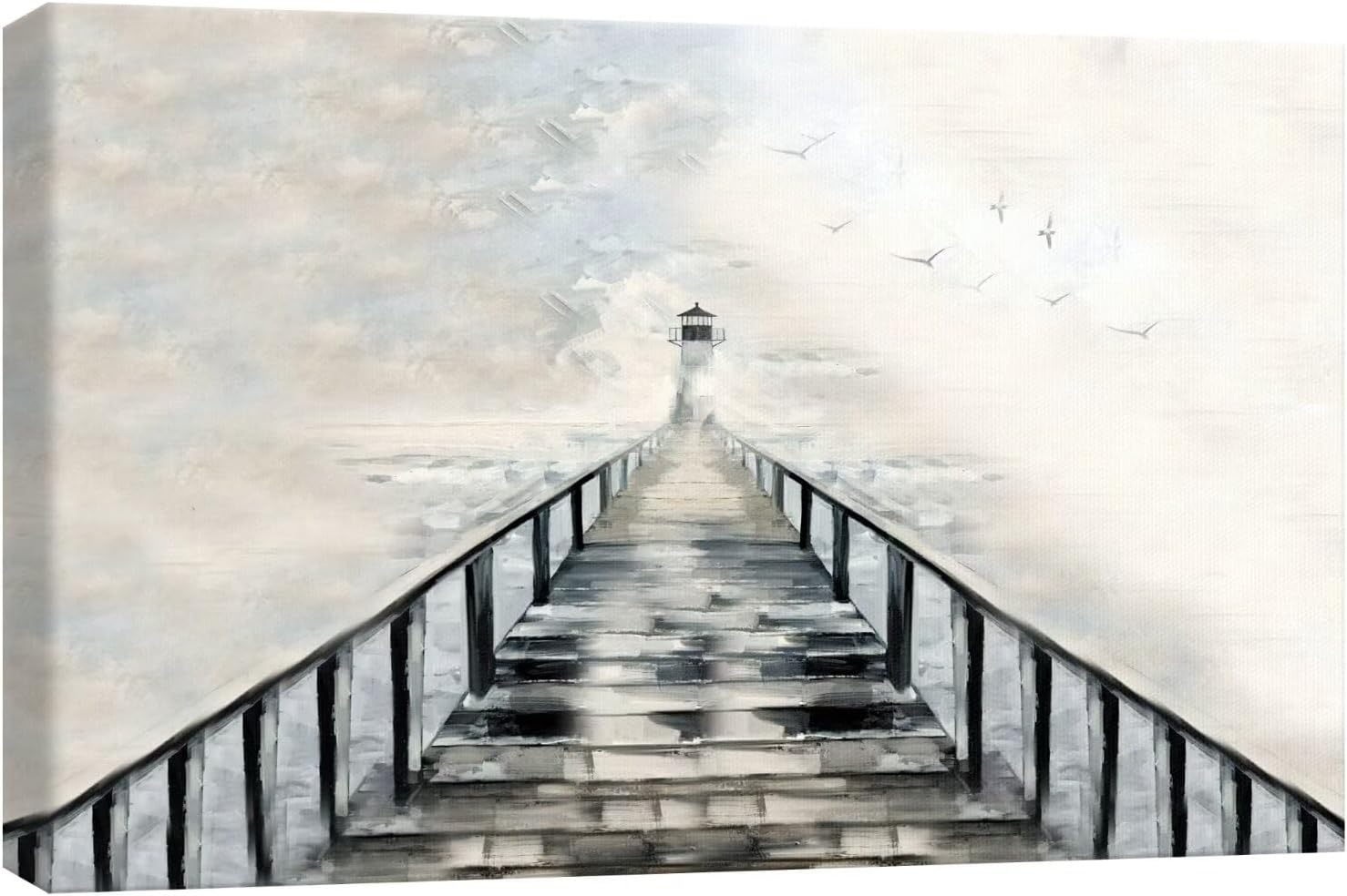 PHOENIX Coastal Pier Lighthouse Wall Art Decor Framed Canvas Serene Seascape Art Misty Nautical Calm Beach Dreamy Maritime for Home Office Living Room & Bedroom 16X24 Inch