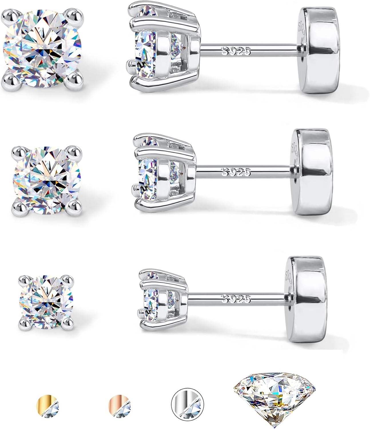 3 Pairs Moissanite Earrings Studs 14K Gold Plated S925 Sterling Silver Flat Back Earring for Women Men - Hypoallergenic Set Cartilage Helix Piercing Jewelry Trendy Thanksgiving Christmas Gifts D Color VVS1 1.8CT