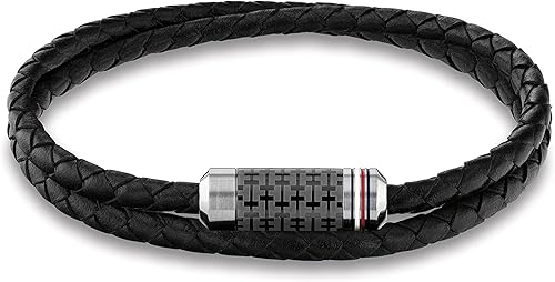 Tommy Hilfiger Pulsera de cuero trenzado de doble envoltura de tubo de joyería para hombres Color Negro (Modelo 2790327), Estándar, Acero