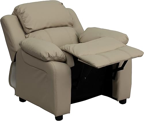 Miniatura 8 de BizChair Sillón reclinable infantil de vinilo beige acolchado de lujo con brazos de almacenamiento