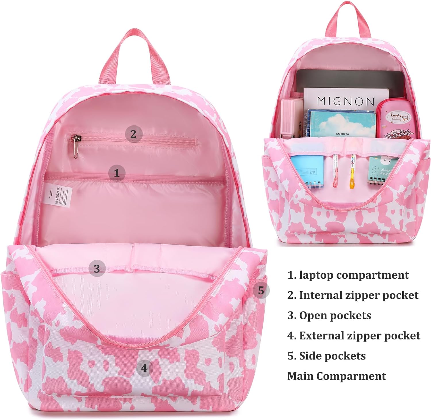 JIANYA Girls Backpack for School, Kids Elementary School Backpacks Water Resistant Pink Cow Print Backpack for Girls with Lunch Box - Image 3