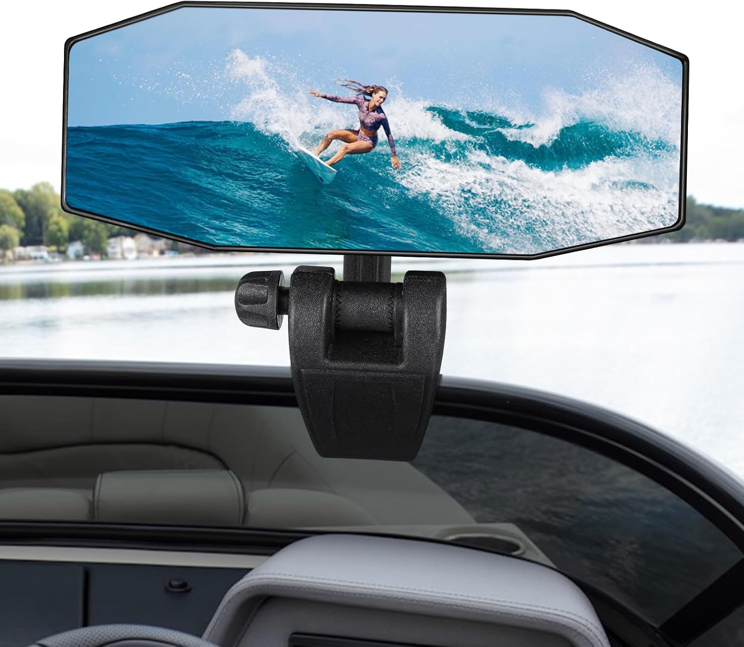 Boat Mirror Rear View Pontoon Mirror for Marine Ski Water Skiing Surfing,4.7" x 12.2" Extra Large Boat Rear view 360° Adjustable Stable,Easy Clamp on Windshield/Window Frame 1/2 inch Max