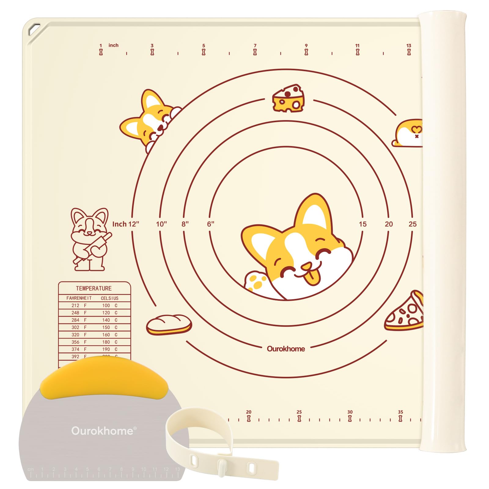 Ourokhome Silicone Baking Mat with Dough Cutter, 20'' X 16" Extra Thick Kneading Rolling mat with Measurement and Conversion Chart for Pastry, Pasta, Pizza, Fondant, Bread, Cookies (Beige)