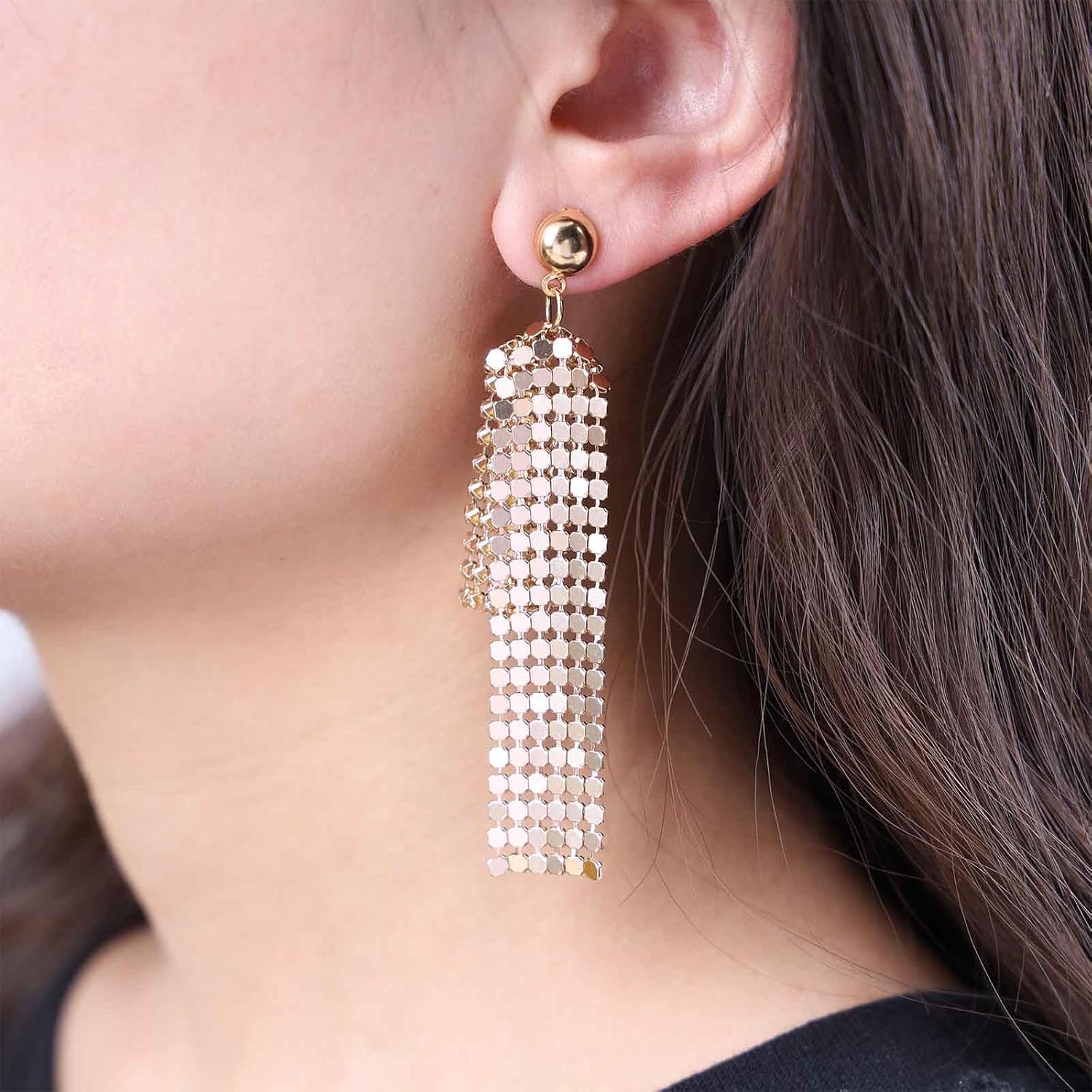 Boho Gold Sequin Dangle Earrings Mesh Sequin Earrings Matel Mesh Drop Earrings Long Sequin Tassel Earrings Metal Disco Earrings Jewelry for Women - Image 5