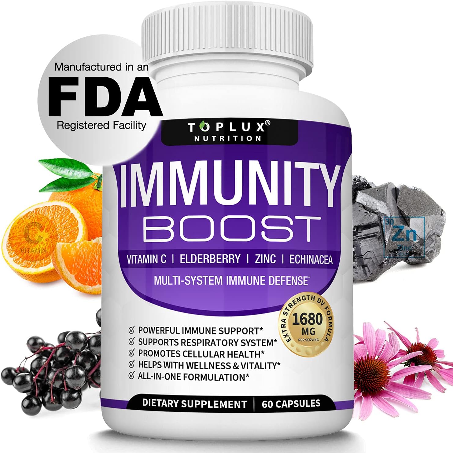 Immunity Boost Immune Support Supplement – 1650mg 10 in 1 Blend with Elderberry, Vitamin C, Zinc, Echinacea & Probiotics for Immune System Defense, Support Healthy Respiratory System, 60 Capsules