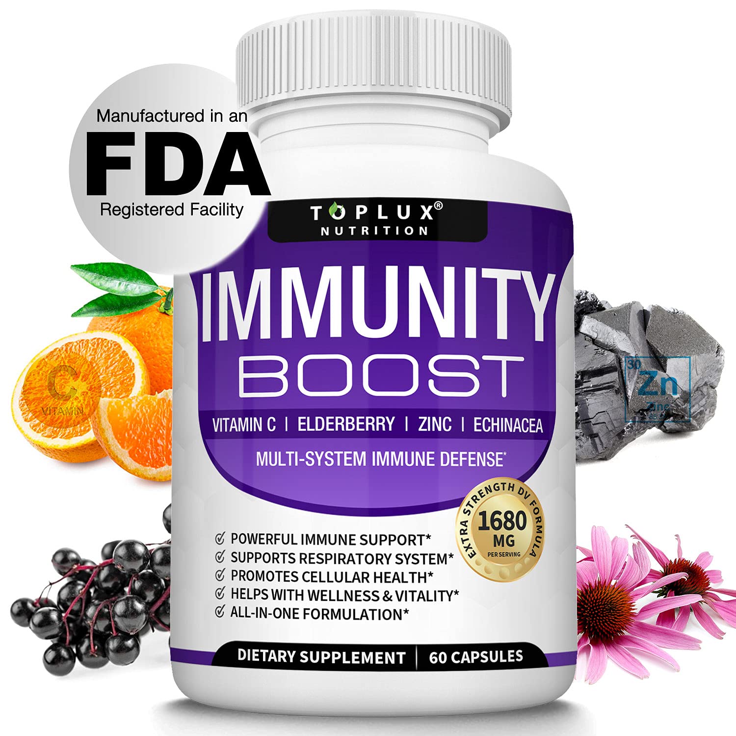 Immunity Boost Immune Support Supplement â€“ 1650mg 10 in 1 Blend with Elderberry, Vitamin C, Zinc, Echinacea & Probiotics for Immune System Defense, Support Healthy Respiratory System, 60 Capsules