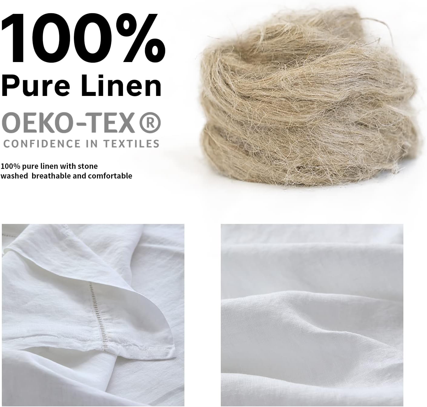 Simple&Opulence 100% Linen Hollow Hemstitch Sheet Set -4 Pieces European Flax Pure Washed Bed Sheets (1 Flat Sheet, 1 Fitted Sheet,2 Pillowcases) -Breathable and Soft (Hemstitch White,Full)
