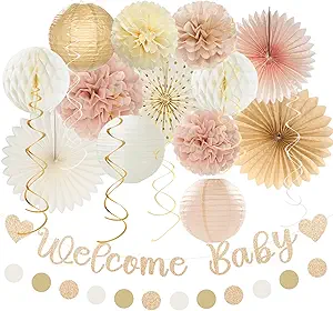 Champagne-Gold Fall Boho Baby Shower Party-Decorations - 21pcs Girls Welcome Baby Banner,Beige One Sweet Peach Paper Lanterns Pom Poms, Neutral Streamers Garland Decor Favors Huglony