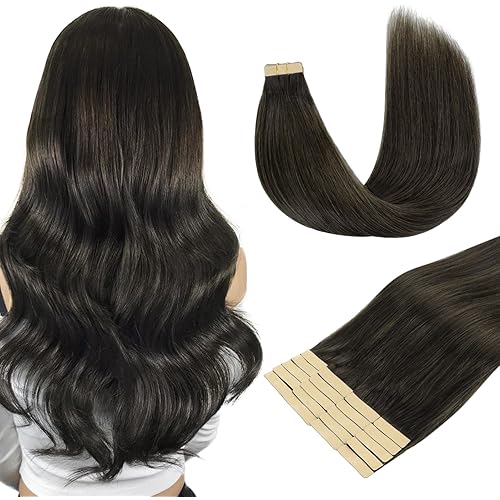 DOORES Real Human Hair Extensions, Mocha Brown 20pcs 60g 26 Inch, Tape in Straight Skin Weft Remy