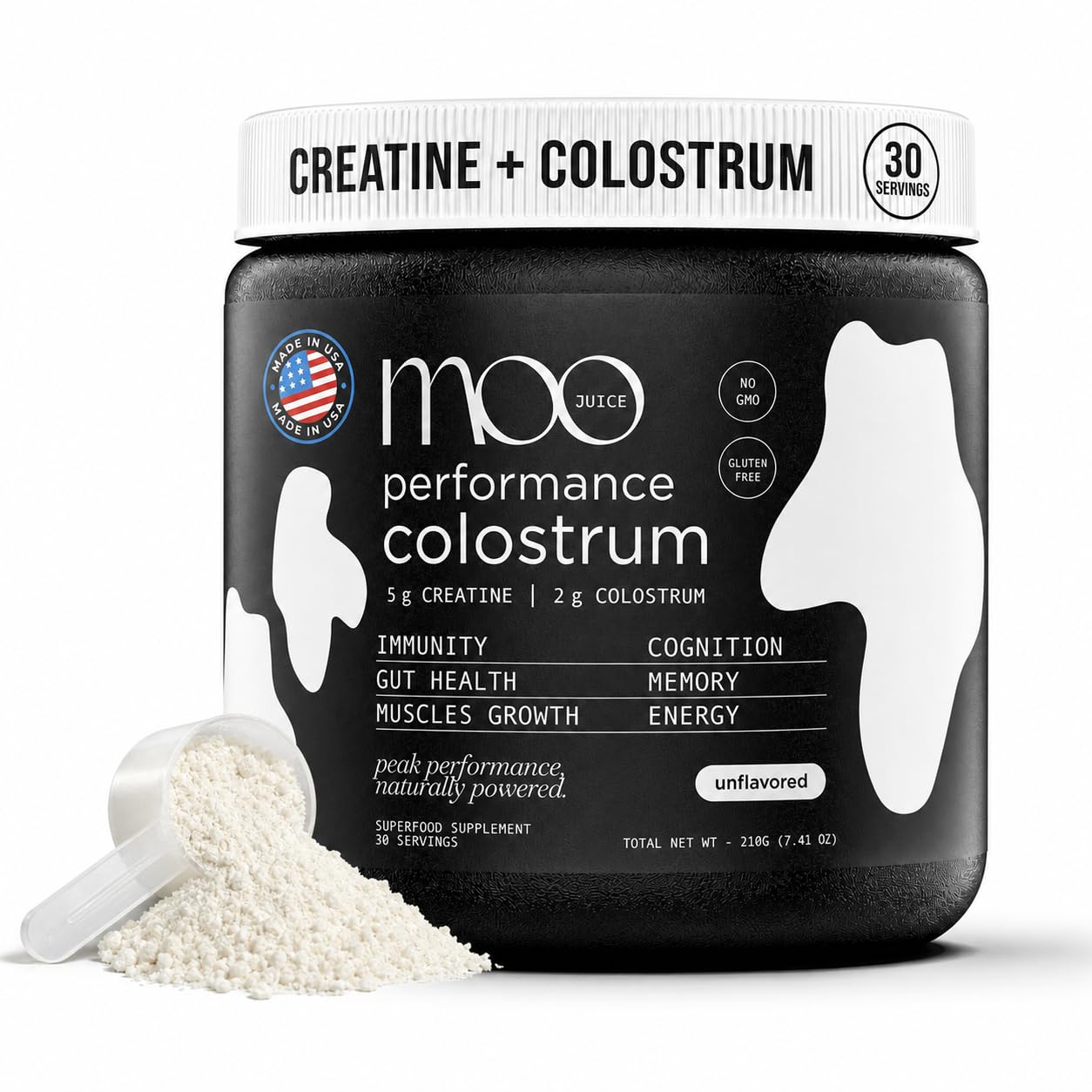 Moo Juice Colostrum Powder with Creatine Monohydrate | 2000mg Grass-Fed Bovine Colostrum + 5000mg Creatine | Bloat-Free Performance Combo | Unflavoured 7.41oz