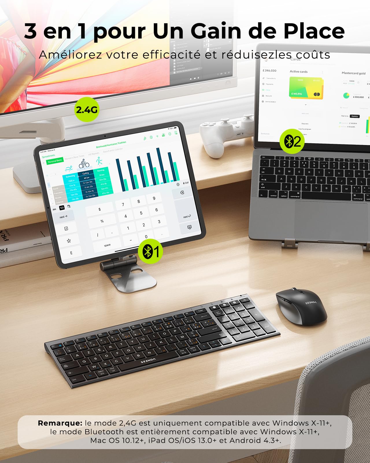 seenda COE401 Clavier Souris sans Fil Bluetooth AZERTY, Noir Gris | Connexion Multi-Appareils, Rechargeable, Ultra-Fin, Silencieux, Souris 4 Niveaux DPI, Compatible Windows/Mac/iPad/Android
