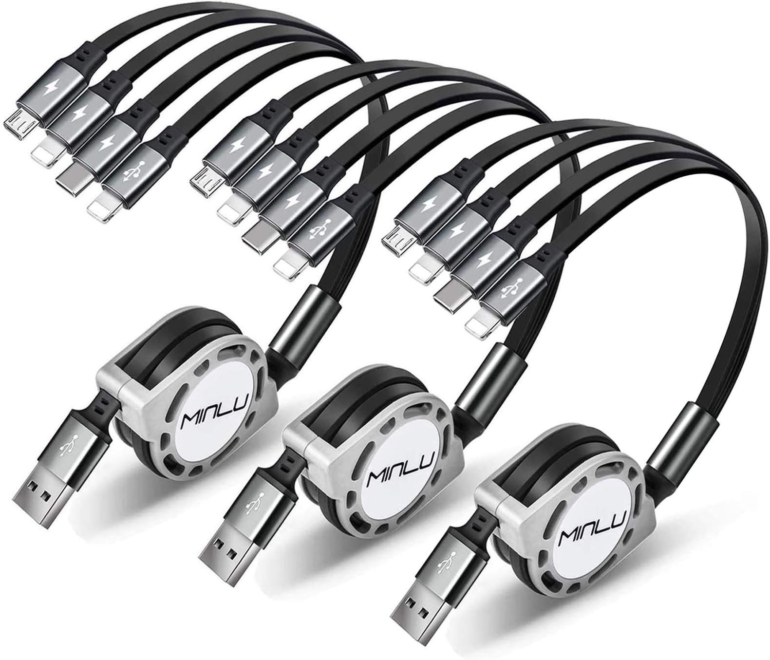 MINLU Multi USB Charging Cable 4A 4-in-1 Retractable USB Fast Charger Cord for Dual IP/Type C/Micro USB Ports Compatible with Phone/Huawei/Samsung Galaxy/Sony/LG/Tablets(3Pack/4Ft)