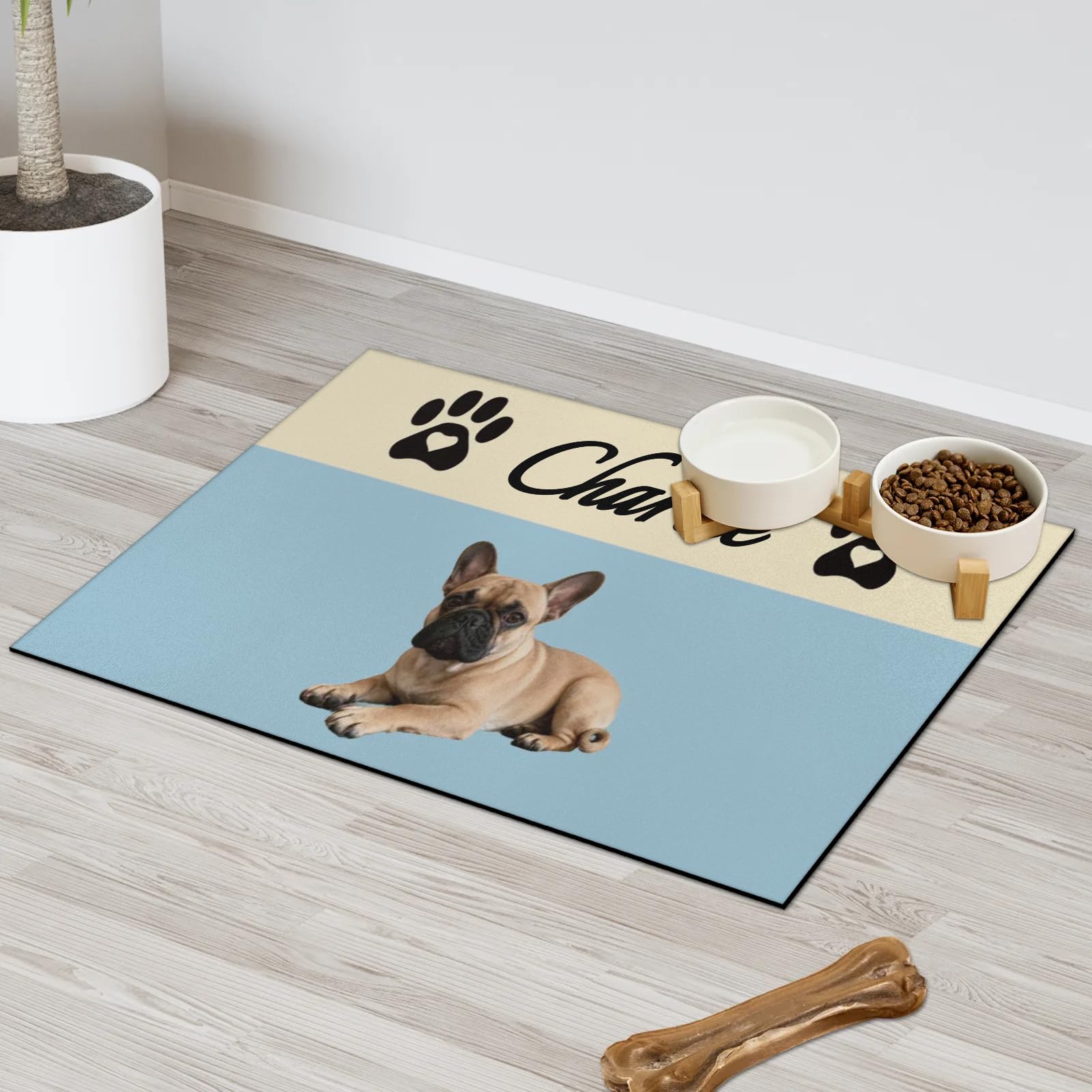 Personalised Pet Feeding Mat - Diatomaceous Earth Custom Food Mat with Photo or Name Absorbent Machine Washable Non-Slip Backing for Dogs & Cats (blue)