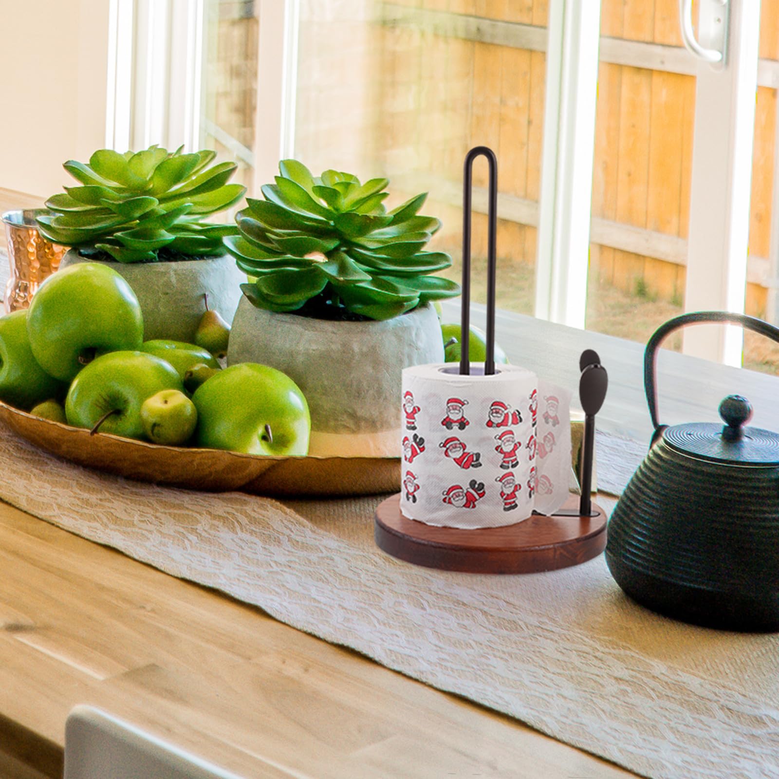 USHOBE Portarrollos de Cocina de Madera y Hierro Base Negra, Soporte Vertical para Rollos de Papel, Diseño Moderno y Estructura Simple para Almacenamiento Fácil en Cocina y Restaurantes
