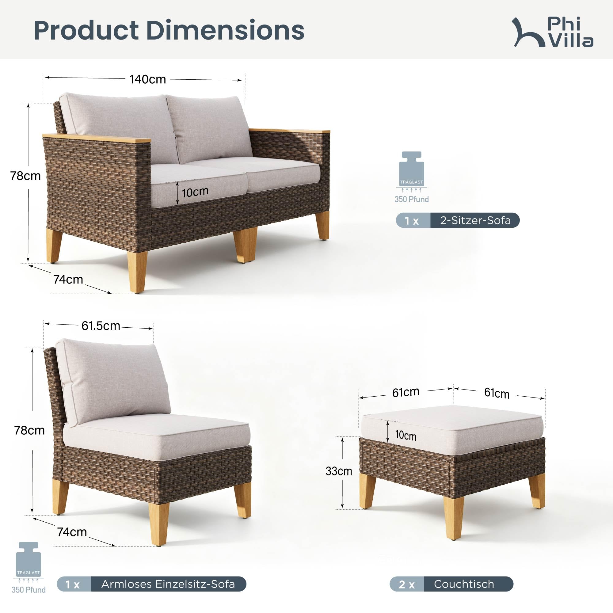 PHI VILLA 5‑Sitzer Rattan Gartenmöbel Set Balkonmöbel, Lounge Möbel Outdoor Gartenlounge Set für 5, Terrassenmöbel Modulare Möbel mit Dick Gepolsterten Kissen für Garten und Terrasse, Beige & Braun