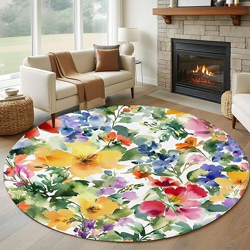 8ft Round Rug, Green Yellow Floral Non-Skid Rubber Backing Large Area Rugs - Living Room Bedroom Home Office, Purple Blue Watercolor Retro Leaf