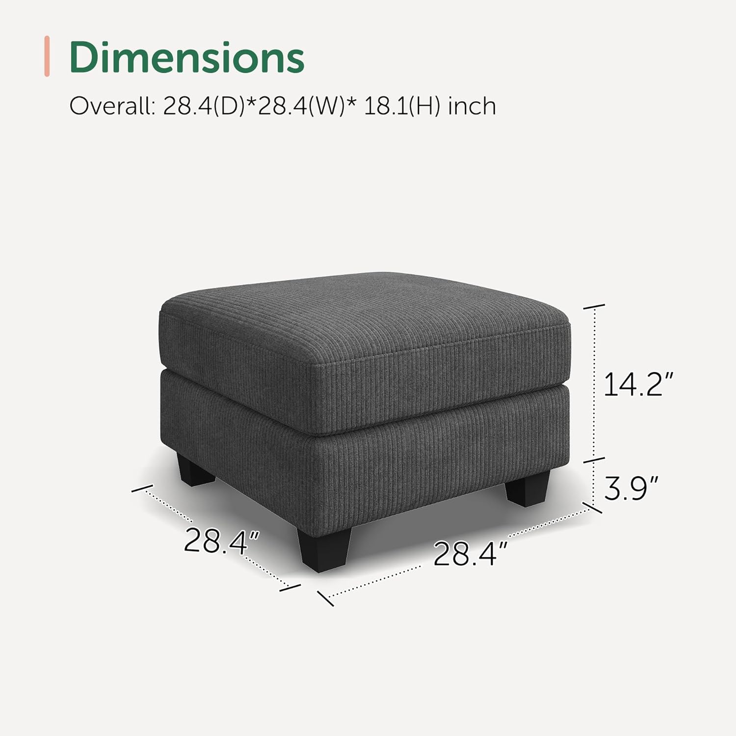 HONBAY Modern Corduroy Ottoman Module Sofa, 28.4 Inch Square Ottoman Bench with Storage, Grey
