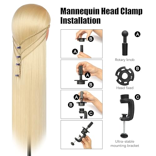 Miniatura 5 de Cabeza de entrenamiento de 28 pulgadas, cabeza de peluquería 100% fibra sintética, cabeza de entrenamiento de peluquería con abrazadera gratuita y