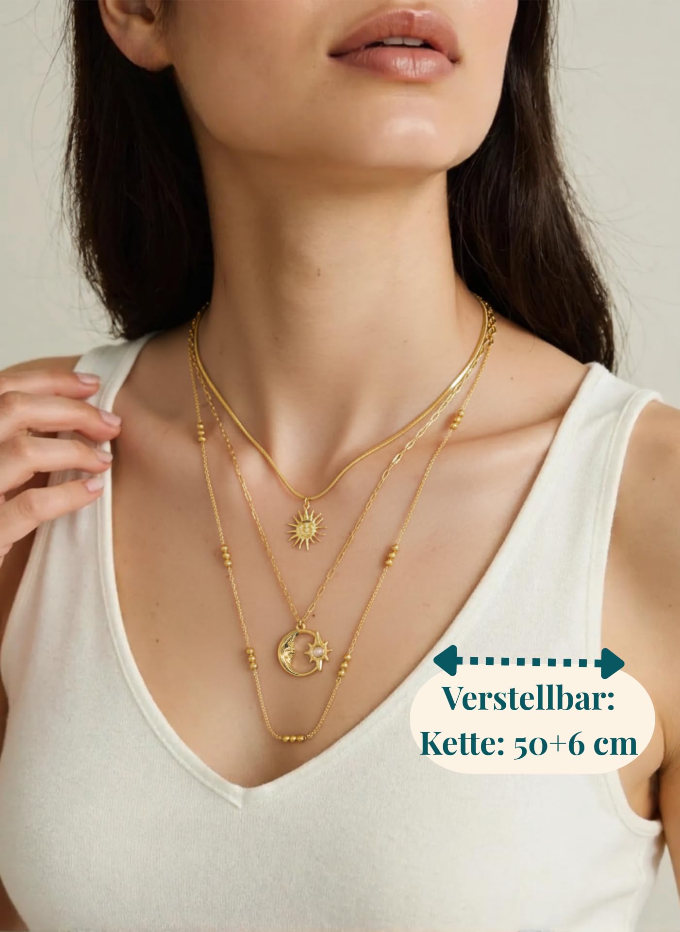 Halskette Damen Triple Gold & Silber aus Edelstahl – 3-Reihig Wasserfest & Verstellbar (Ein Verschluss) – Schmuck Geschenk für Frauen & Freundin – Freigeist-Kollektion
