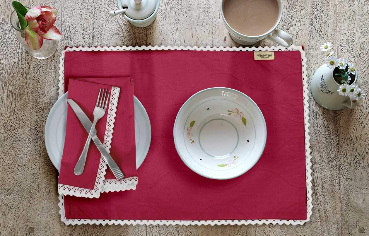 Magenta Solid Home Decor Dining Room Reversible Lace Tablemats with Napkins Set-Pack of 6