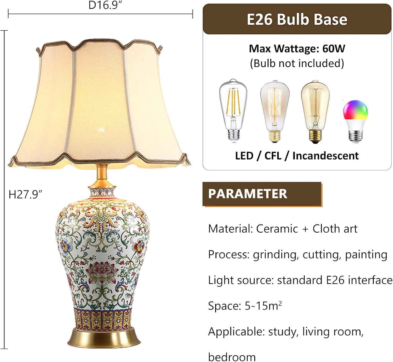 Flower Ceramic Table Lamp 27.9" Ginge Jar Lamps Hand-Painted Lotus Ceramic Lamp Body with Fabric Lampshade Nightstand Lamp for Bedroom Living Room Office College Bookcase