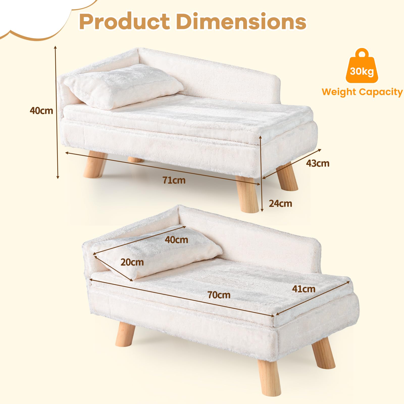 SOARS Canapé pour Chien Chat, Lit Surélevé avec Dossier Haut, Coussin et Pieds en Bois Massif, pour Moyens/Petits Chiens, 71 x 43 x 40 cm, Beige