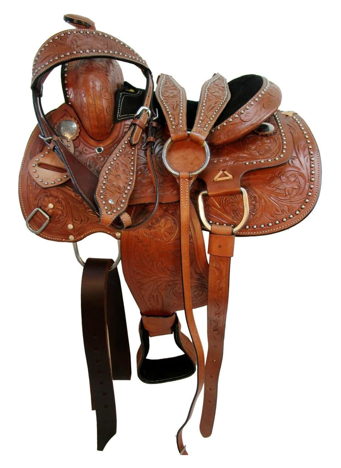 Bambini Giovani Pony Sella Pelle Western Horse Bambini Barrel Trail Floral Tooled 25,4 cm 27,9 cm 30,5 cm