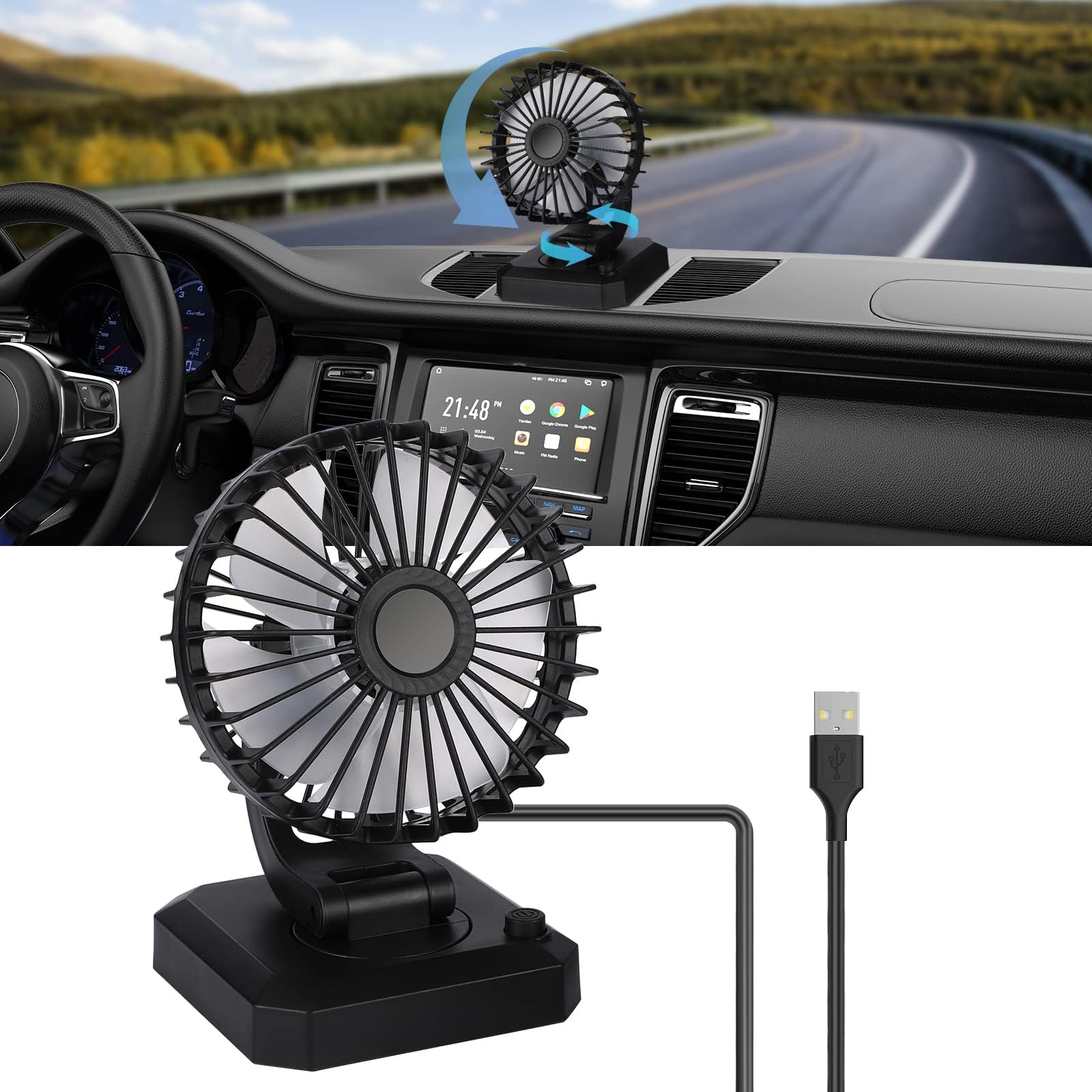 Ymenow Ventilateur de Voiture 5V à Double Tête, Ventilateur de Véhicule USB Portable, Rotation à Ymenow Ventilateur de Voiture 5V à Double Tête, Ventilateur de Véhicule USB Portable, Rotation à