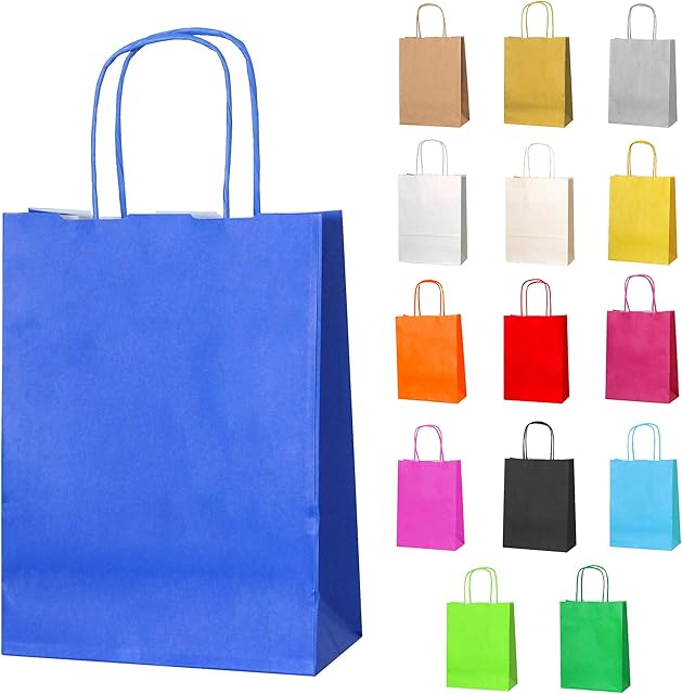 Thepaperbagstore 10 Small Blue Paper Party Bags With Handles - Colourful Paper Gift Bags for Kids and Adults Parties, Birthdays, Weddings, Baby Showers, Hen Parties and Sweets 18x22x8cm