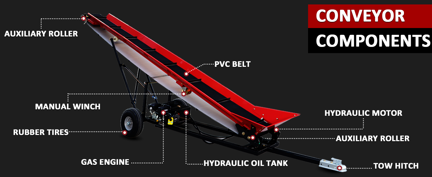 Image of 12-Inch Gas Powered Firewood Conveyor, 6.5HP 208cc Engine, 31-Ft PVC Belt, Hydraulic Variable Speed, 9.8-Ft Adjustable Lift Height, Towable Wood Conveyor, 110-lb Load