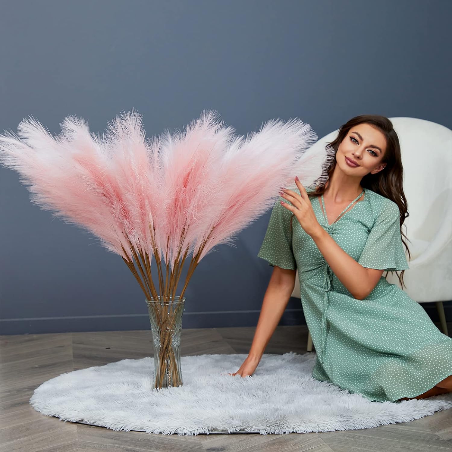 FOTEEWL 8 PCS 38"/3.1FT Large Artificial Pampas Grass Branches(Pink) | Fluffy Dense Lifelike Fake Pampas Floral, Tall Fake Pampas Plants Stems, for Floor Vase Filler Home Boho Decor